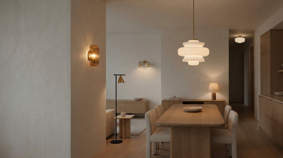 A modern sculptural wall sconce with a dark amber-brown fluted glass shade, mounted on a warm off-white wall in a minimalist living room setting next to a cream-colored sofa.