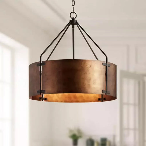 full chandelier view, warm coppery finish, hanging fixture
