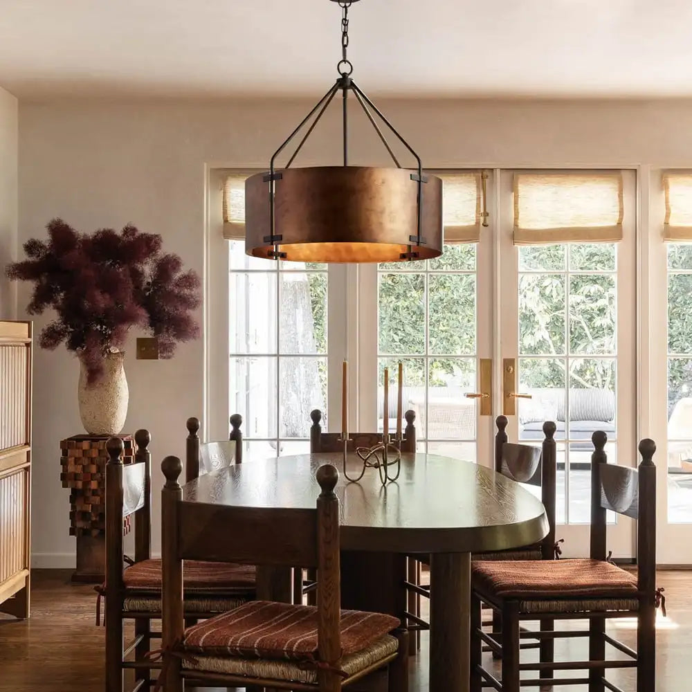 dining room, oval wooden table, large windows