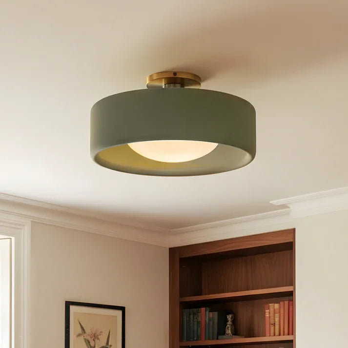 dark green light, wooden bookshelf, brass accent