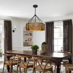 long dining table, dark curtains, built-in bookshelf