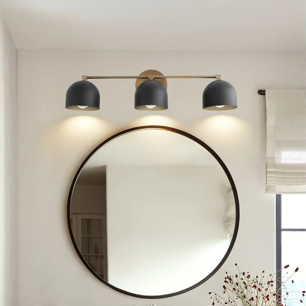 black three-light, round mirror