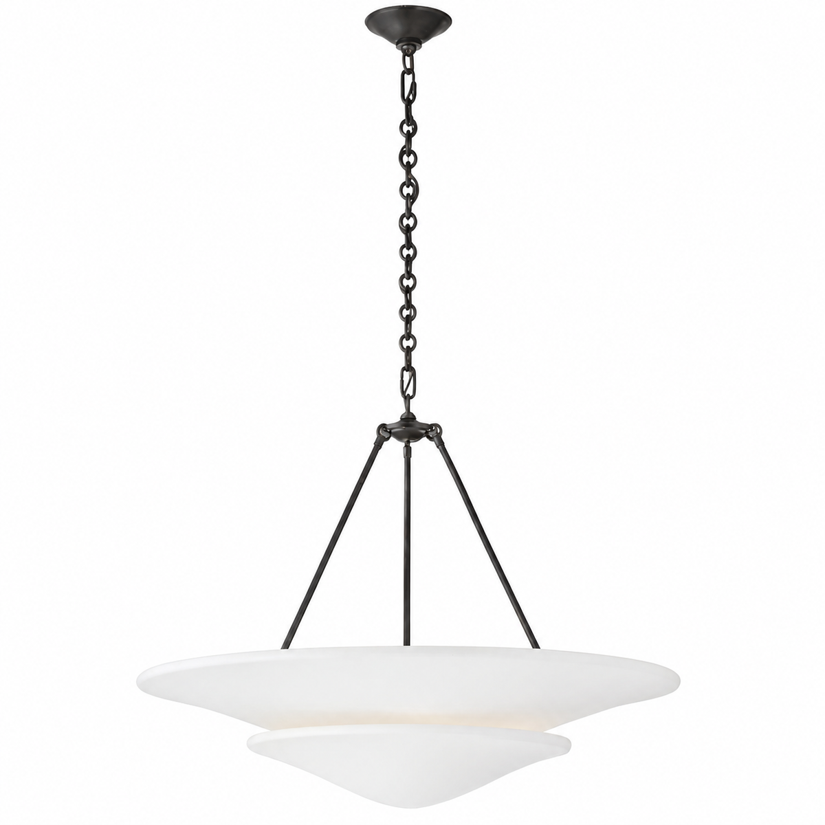 A modern multi-light pendant chandelier with a dark bronze metal frame and three tiers of frosted white glass shades, suspended by a chain against a plain white background.