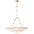 A modern pendant light fixture with a brushed brass chain and canopy, supported by three slim brass rods over a two-tiered white frosted glass shade, shown against a plain white background.