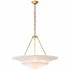 A modern pendant light fixture with a brushed brass chain and canopy, supported by three slim brass rods over a two-tiered white frosted glass shade, shown against a plain white background.