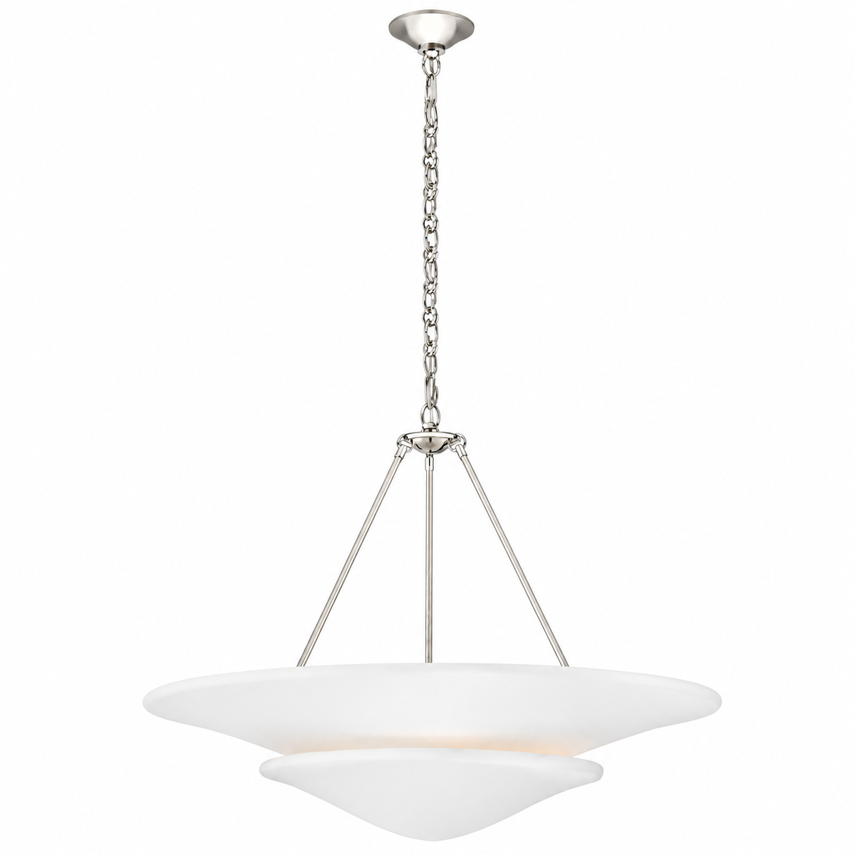 A modern two-tier pendant light fixture with a brushed nickel chain and canopy, featuring a wide, shallow white glass or acrylic diffuser bowl with a smaller tier below, shown against a plain white background.