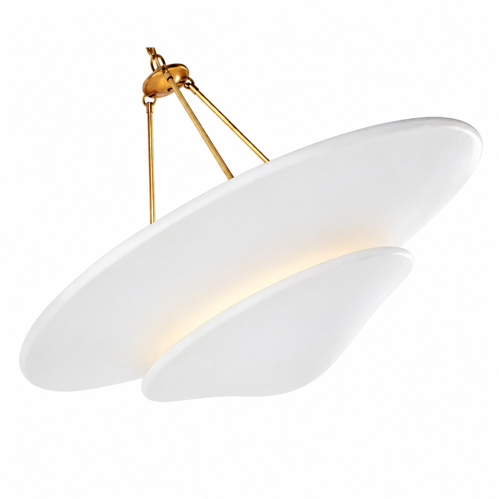 A modern two-tiered pendant light fixture with a matte white glass shade and a polished gold hanging chain and canopy, shown against a solid white background.