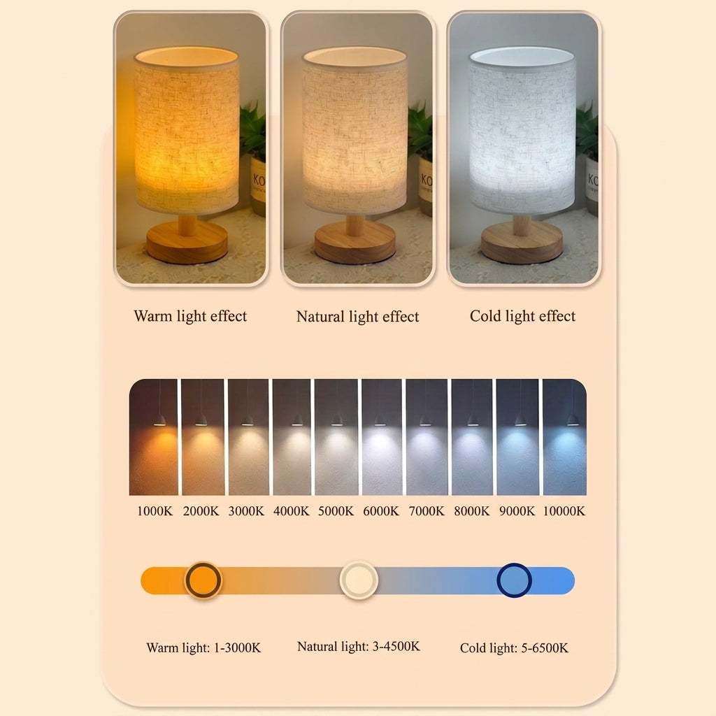 A product information graphic for a table lamp showing three light effect panels: warm light effect, natural light effect, and cold light effect, plus a color temperature slider from 1000K to 10000K labeled for warm light, natural light, and cold light.