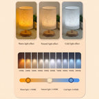 A product information graphic for a table lamp showing three light effect panels: warm light effect, natural light effect, and cold light effect, plus a color temperature slider from 1000K to 10000K labeled for warm light, natural light, and cold light.