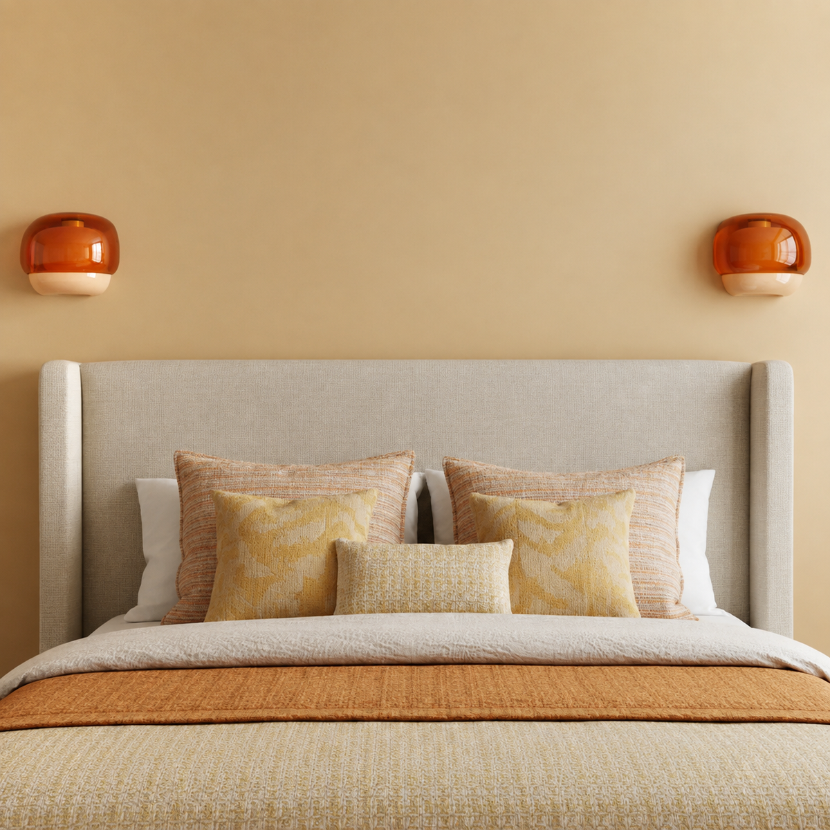 A styled bedroom scene featuring a bed with a light beige upholstered headboard, cream bedding, textured mustard yellow accent pillows, and a matching mustard throw blanket. Two amber glass wall sconces are mounted on a warm beige wall above the headboard.