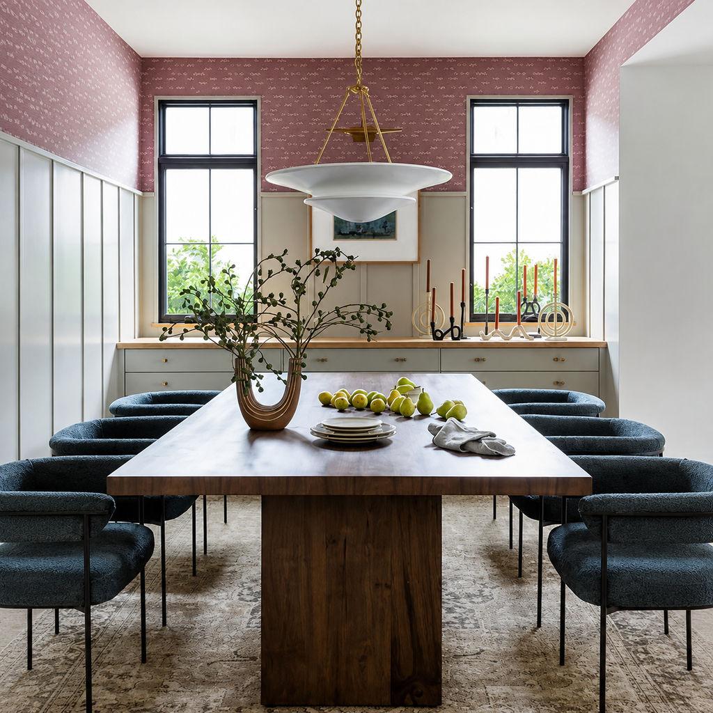 A styled dining room featuring a large rectangular wooden dining table surrounded by dark blue upholstered chairs, set in a room with pink brick-patterned wallpaper, tall windows, and a decorative wall cabinet.