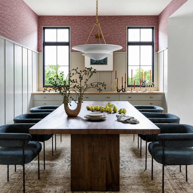 A styled dining room featuring a large rectangular wooden dining table surrounded by dark blue upholstered chairs, set in a room with pink brick-patterned wallpaper, tall windows, and a decorative wall cabinet.