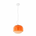 An orange glass pendant light with a rounded dome shade, suspended by a white cord from a white ceiling canopy, shown against a plain white background.
