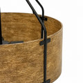 Close-up of a cylindrical pendant light shade with a distressed brown wood-grain finish and black metal support brackets and hanging hardware, shown against a white background.