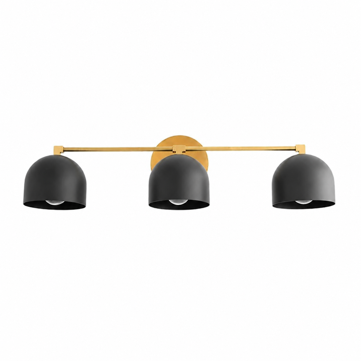 Modern wall light fixture with three black lampshades and gold accents on a white background