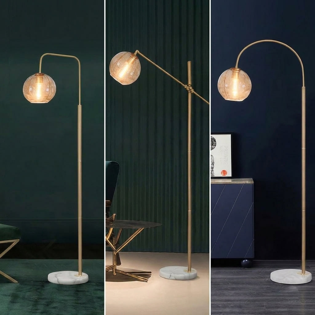 Three views of a modern floor lamp with a curved gold metal arm, a textured clear glass globe shade, and a round white marble base, shown against dark green, beige, and navy walls.