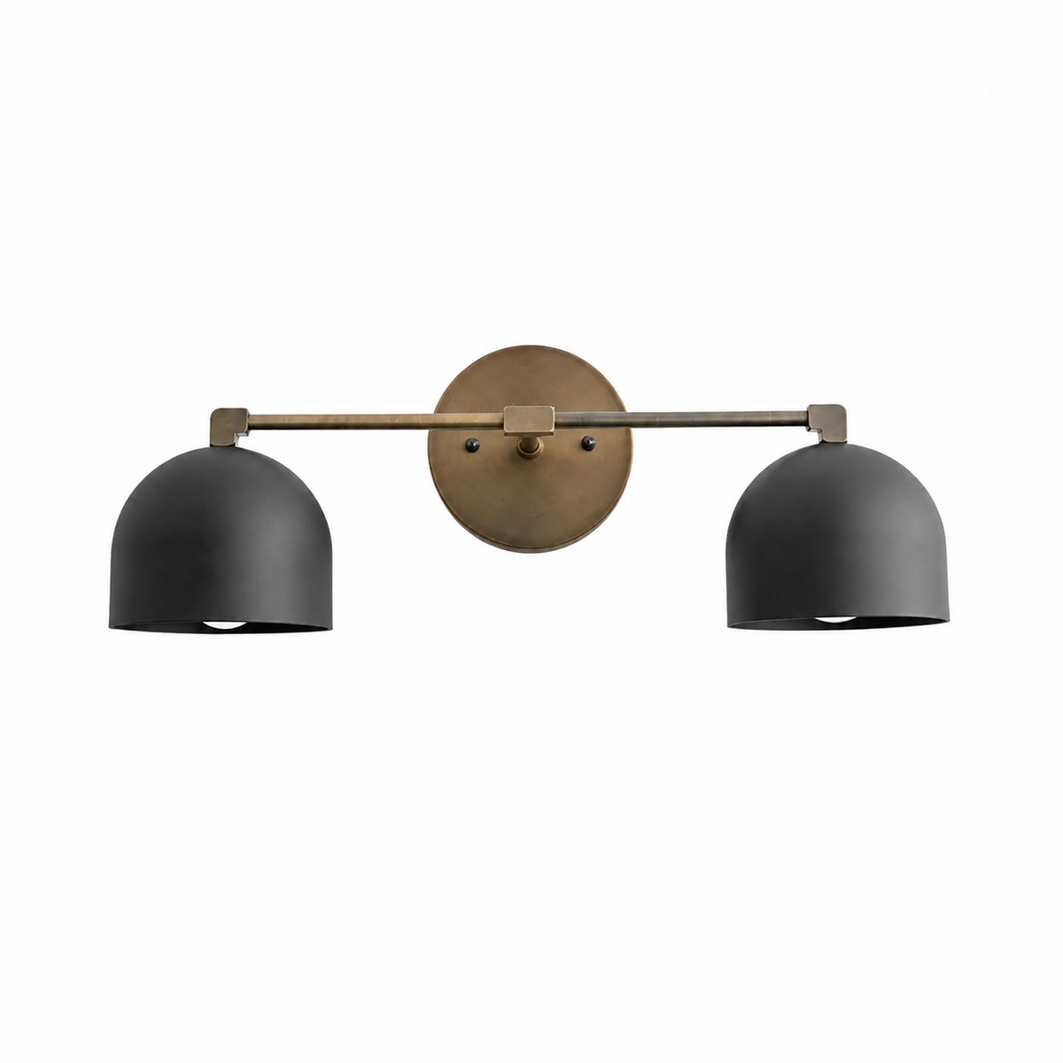 Wall-mounted lamp with two black lampshades and a gold fixture on a white background