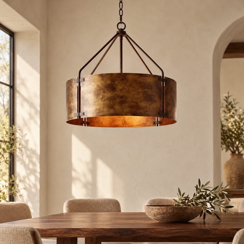 Industrial drum shade pendant light - Aged Bronze Metal, Rustic Chic — Casonda styled main image