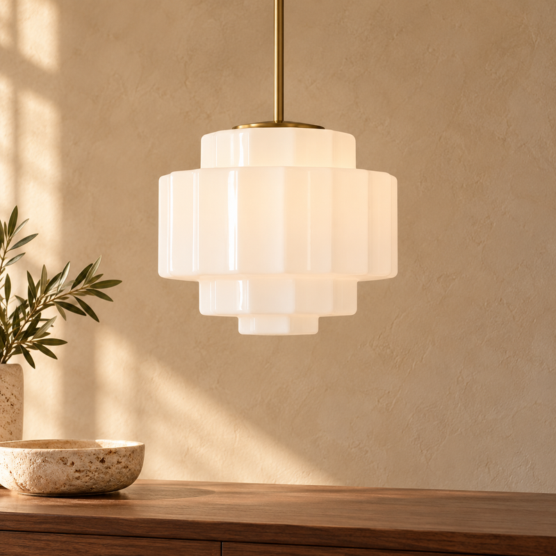 Winry - art deco milk glass pendant light, Fluted Brass Design — Casonda styled main image