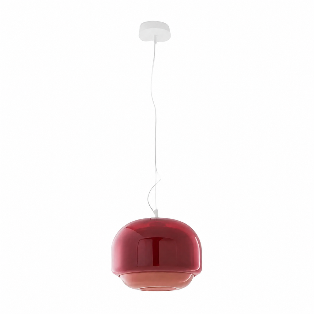 Sanae colored glass pendant light in purple, shown against a white background