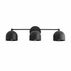A three-light wall-mounted vanity light fixture with matte black dome-shaped shades and a horizontal bar, shown against a plain white background.