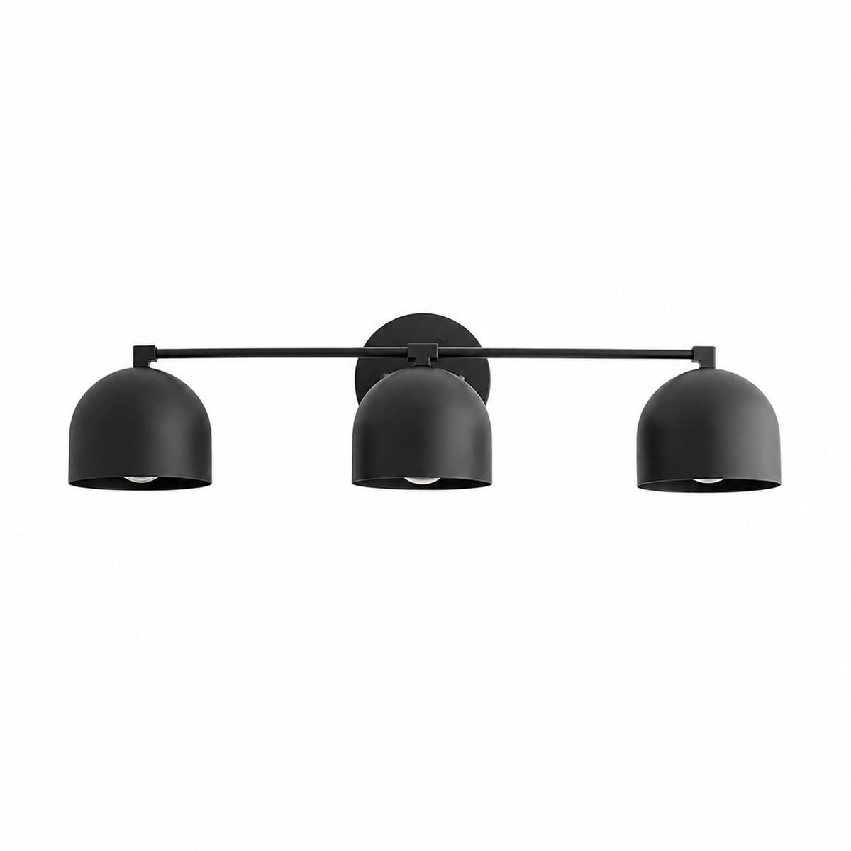 A three-light wall-mounted vanity light fixture with matte black dome-shaped shades and a horizontal bar, shown against a plain white background.