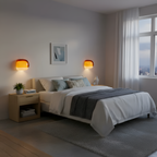 A modern bedroom scene with a neatly made bed, white bedding, gray throw blanket, matching pillows, a light wood nightstand, two glowing orange wall sconces, a small plant, and a window with sheer curtains.